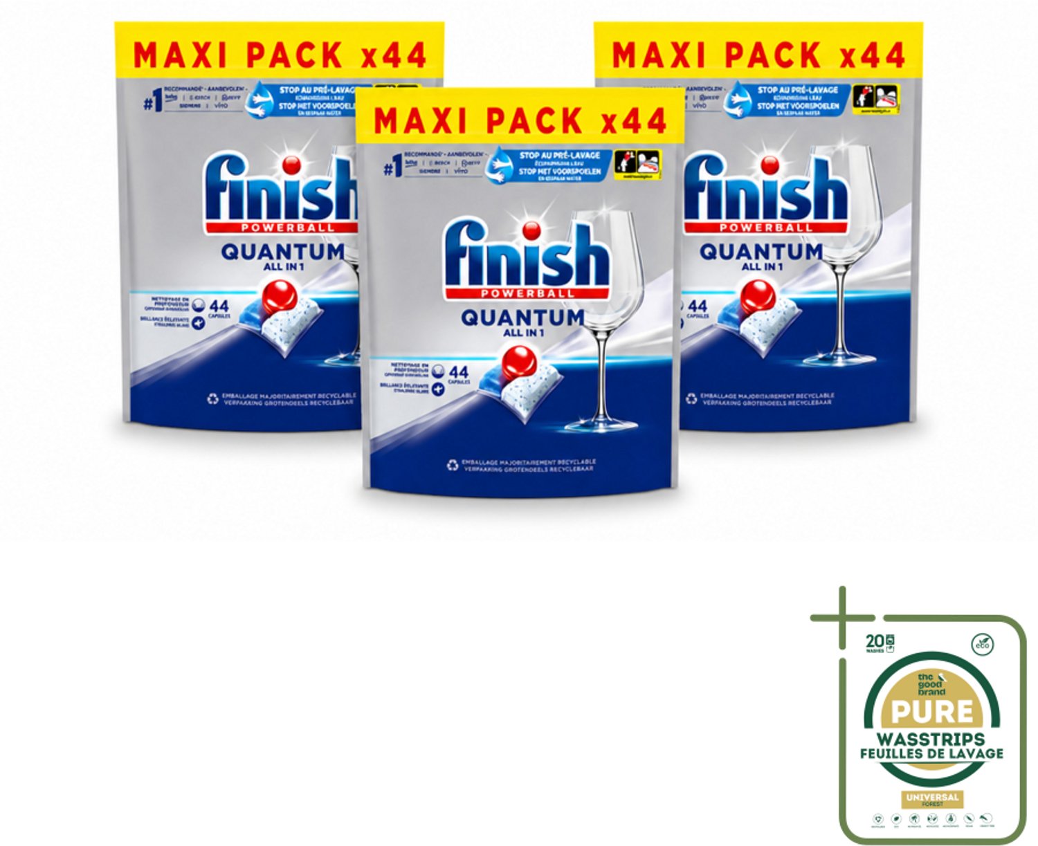 3 x Finish - Vaatwasmiddel - Quantum All in One Regular - Alles-in-1 Kracht - 44 capsules - Wasstrips - Vaatwasmiddel - Reinigingscapsule - Quantum - Alles-in-1 - Glans