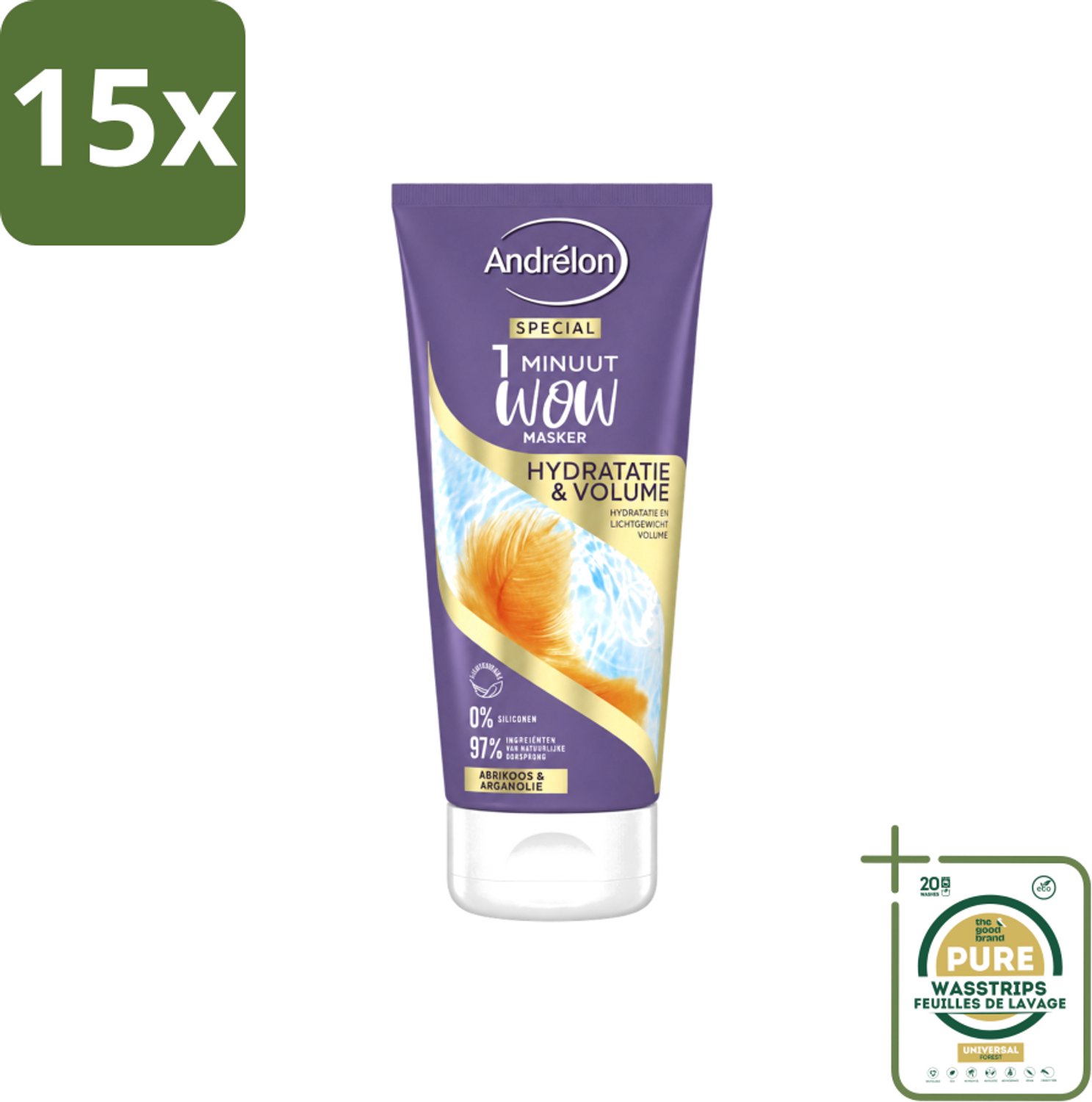 15 x Andrélon - WOW - 1 Minuut Masker - Hydratatie & Volume - 180 ml - Wasstrips - 1 Minuut Masker - Haarhydratatie - Haarvolume - Fijn Haar Verzorging - Luchtig Haar