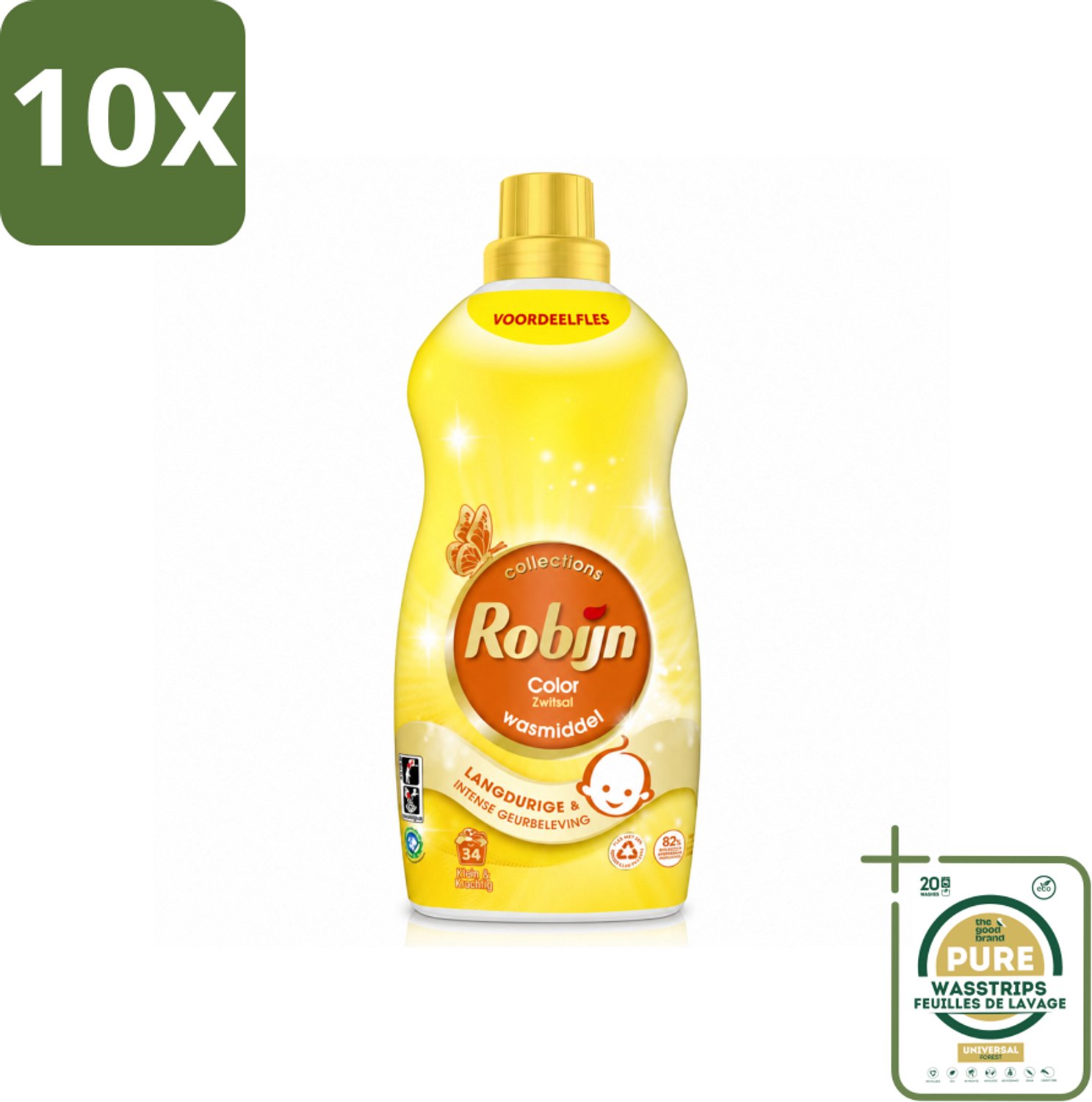 10 x Robijn - Klein & Krachtig Zwitsalgeur - Vloeibaar Wasmiddel - 34 Wasbeurten - 1,19 L - Wasstrips - Wasmiddel Zwitsal - Geur Zwitsal - Kleurbehoud - Gezond Wasmiddel - Biologisch Afbreekbaar