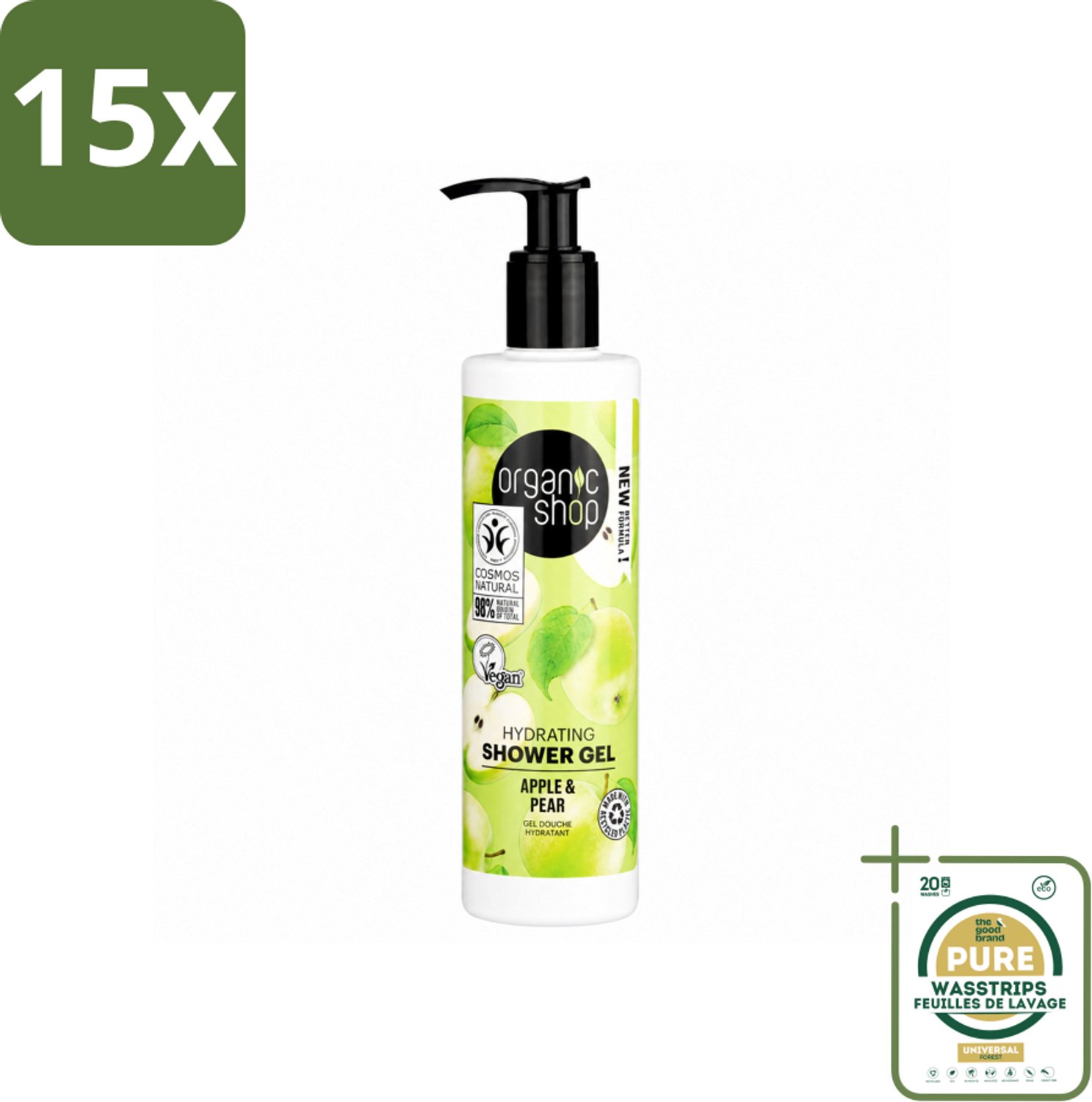 15 x Organic Shop - Douchegel Apple & Pear - Verfrissend en Hydraterend - 280 ml - Wasstrips - Douchegel - Natuurlijke Douchegel - Biologische Douchegel - Hydraterende Douchegel - Frisse Douchegel