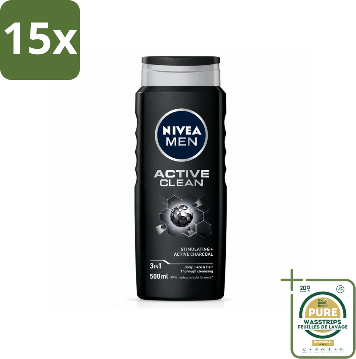 15 x NIVEA MEN - Douchegel - Active Clean - 500 ml - Wasstrips - Douchegel Mannen - Actief Houtskool - Reiniging Lichaam - Reiniging Gezicht - Reiniging Haar