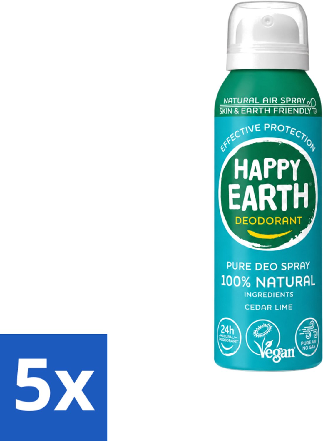 5 x Happy Earth – Deodorant Natural Air Spray – 100% Natuurlijk Cedar Lime – 100 ml - Voordeelverpakking - 5 stuks