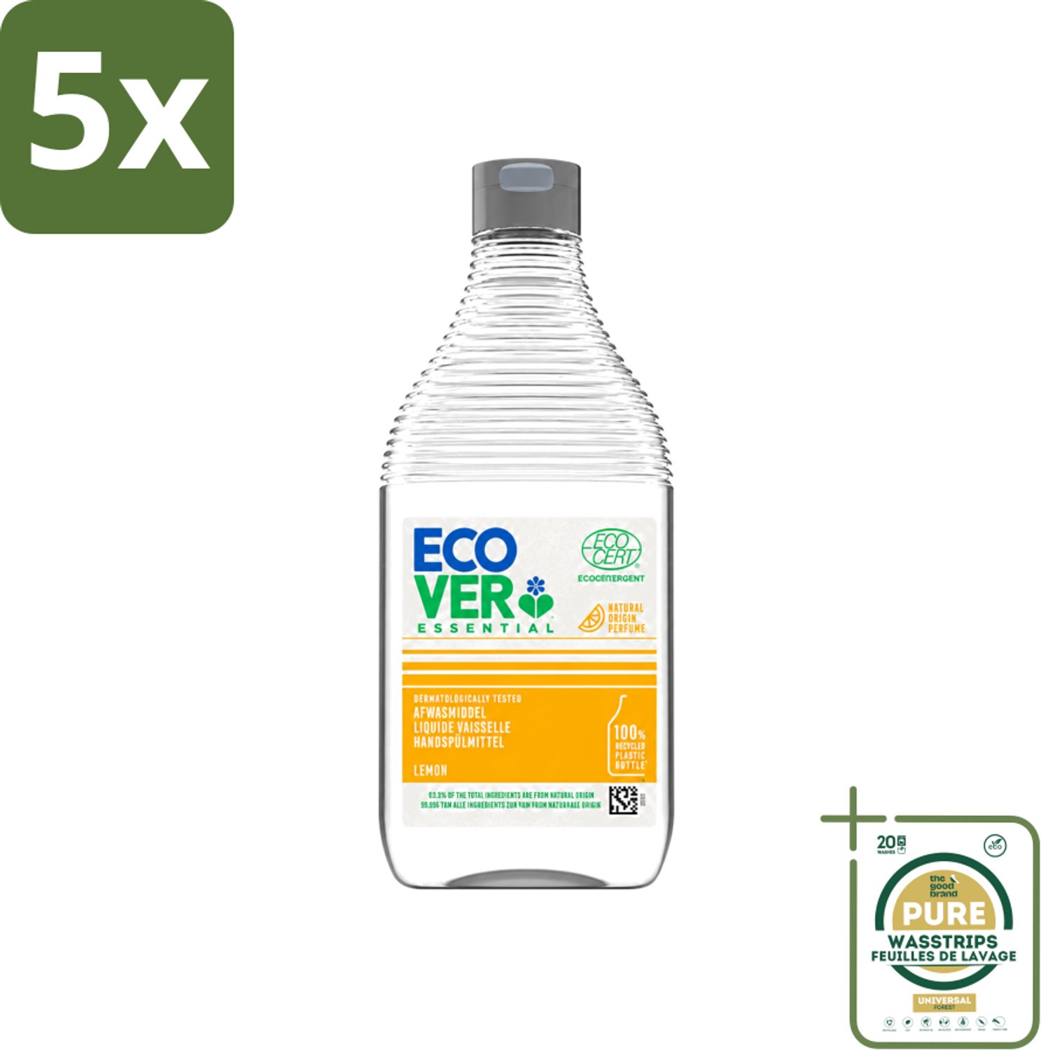 5 x Ecover - Afwasmiddel Essential - Citroen - 450 ml - Wasstrips - Afwasmiddel Citroen - Plantaardig Afwasmiddel - Duurzaam Afwasmiddel - Ecologisch Afwasmiddel - Schone Vaat