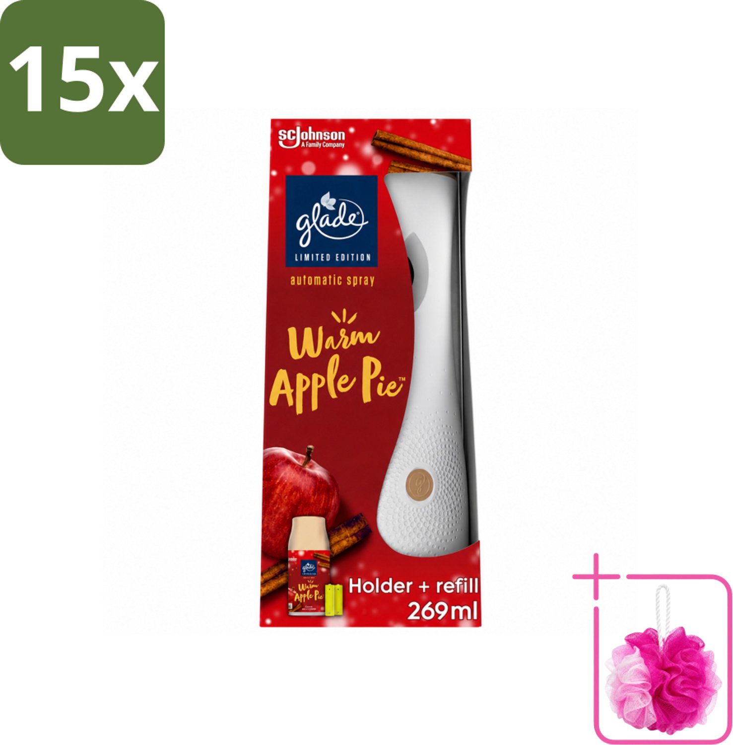 15 x Glade - Houder Automatische Spray - Warme Appeltaart Limited Edition - 269 ml - Bulkverpakking - Warm apple pie geur - Douchemop - Automatische geur