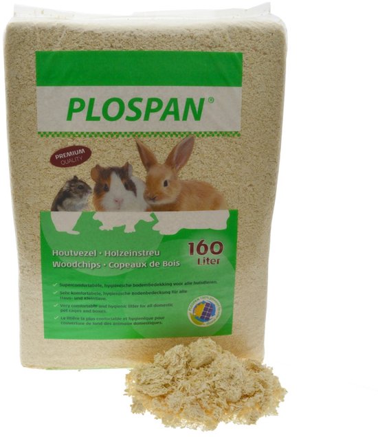 Sac de copeaux de bois Plospan de 160 litres avec des images d'un hamster, d'un cochon d'Inde et d'un lapin.
