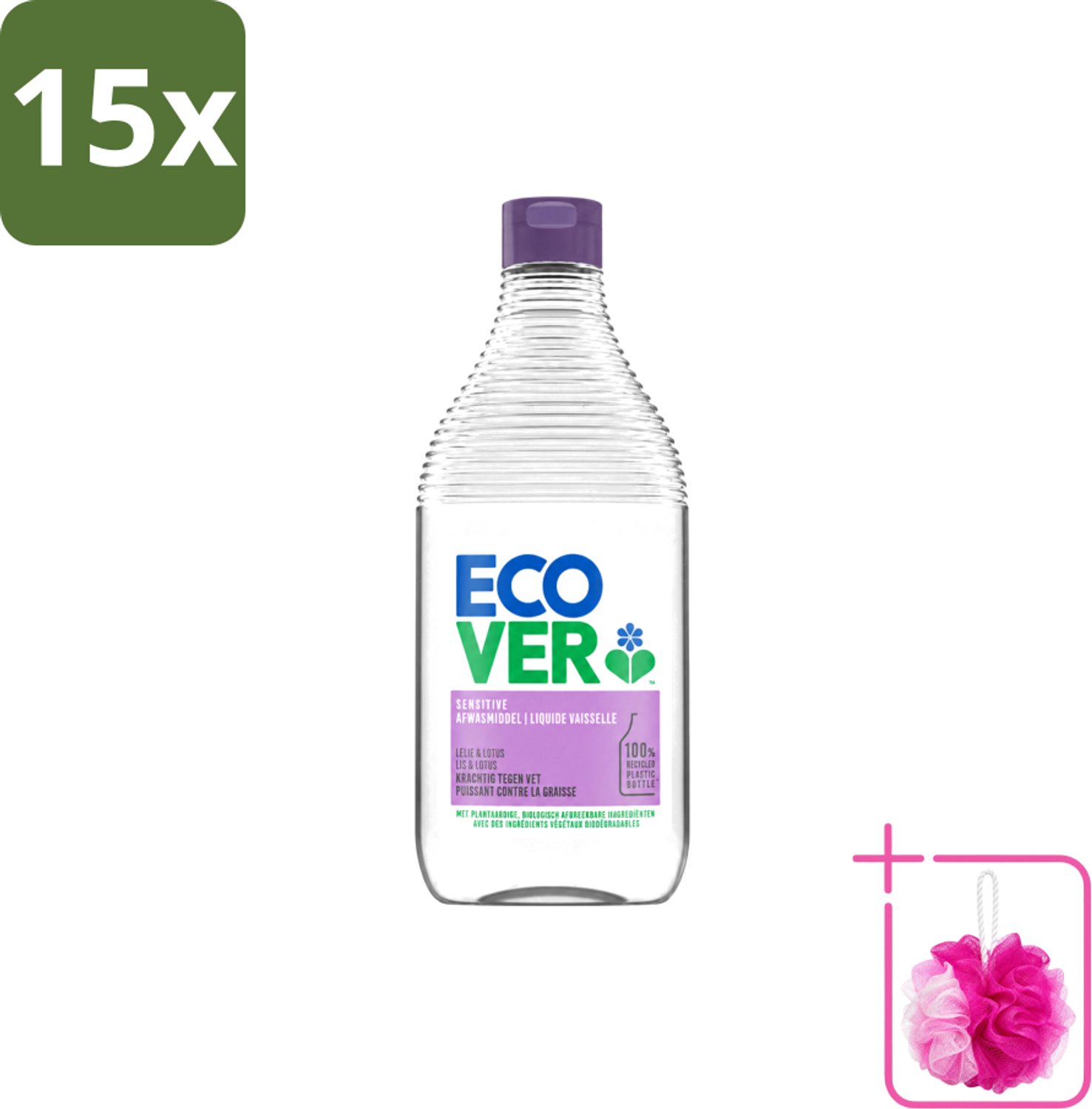 15 x Ecover - Afwasmiddel - Lelie & Lotus - 450 ml - Bulkverpakking - Afwasmiddel - Douchemop - Plantaardig afwasmiddel