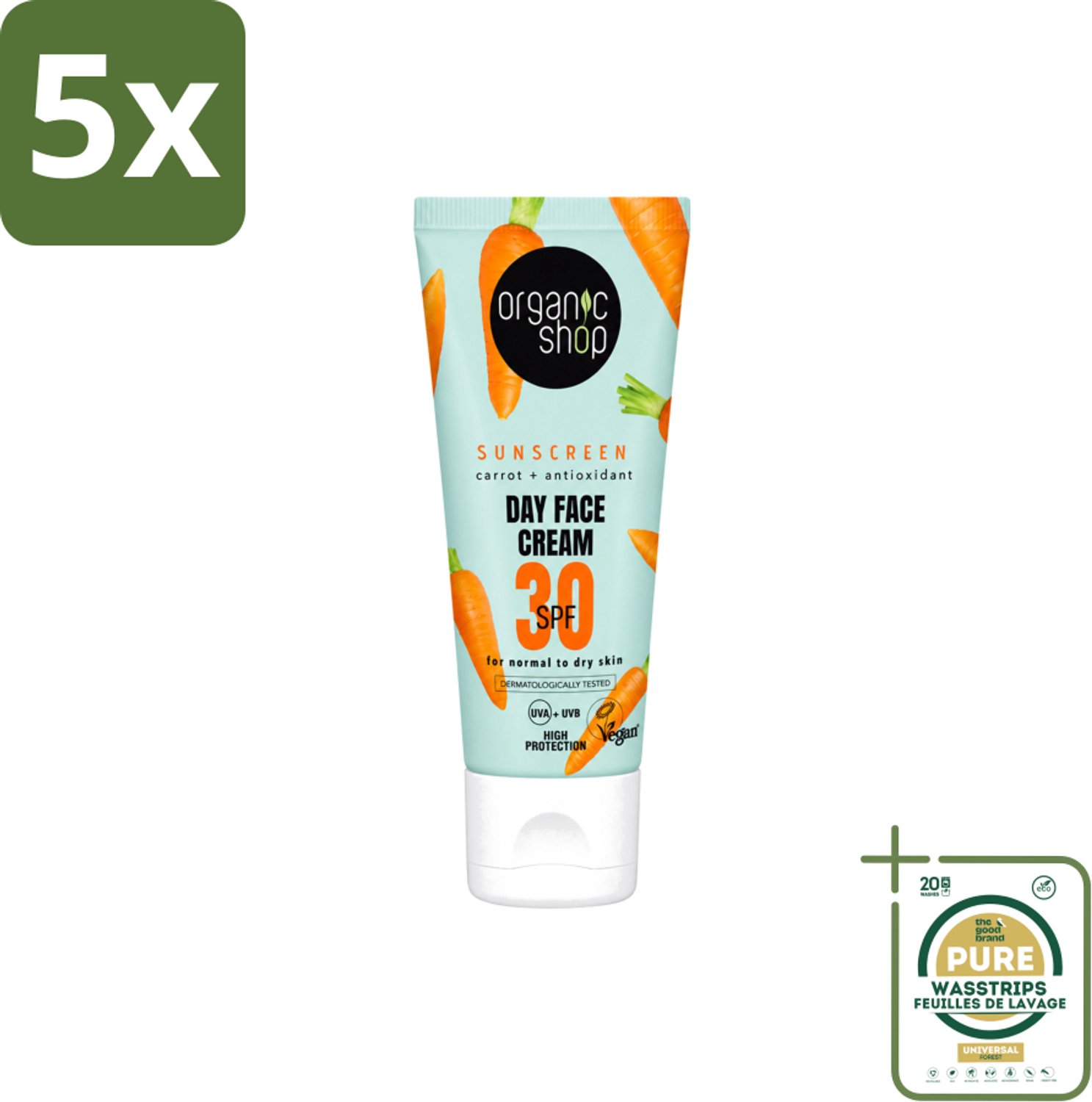 5 x Organic Shop - Zonnebrandcrème Gezicht SPF 30 - Normale Huid - 50 ml - Wasstrips - Zonnebrandcrème - Gezichtsbescherming - SPF 30 - Huidbescherming - UVA/UVB Bescherming