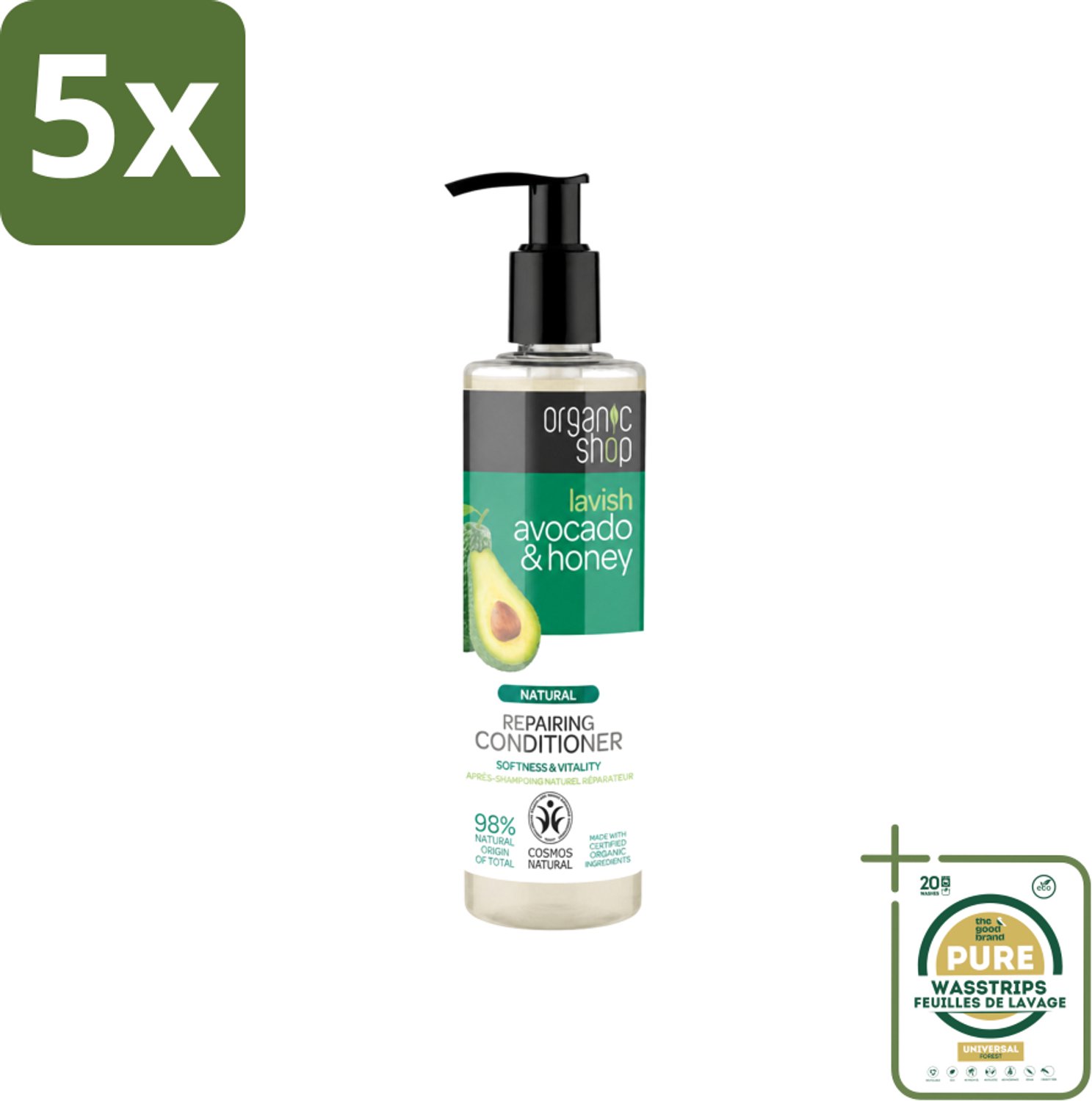 5 x Organic Shop - Natural Repairing Conditioner - Avocado & Honey - 280 ml - Wasstrips - Herstel Haar - Voeding Haar - Beschadigd Haar - Natuurlijke Conditioner - Avocado En Honing