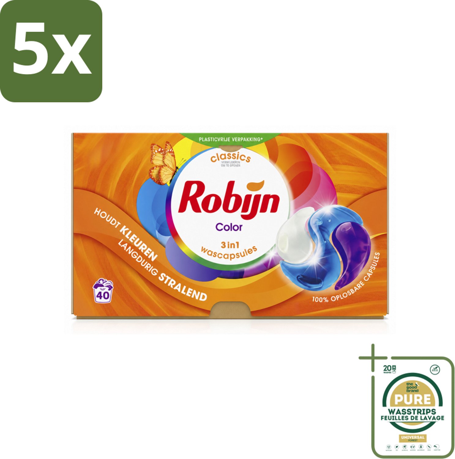 5 x Robijn - 3-in-1 Color - Wascapsules - 40 Wasbeurten - Wasstrips - 3-in-1 Wascapsules - Gekleurde Was - Kleurbescherming - Wasgeur - Biologisch Afbreekbaar