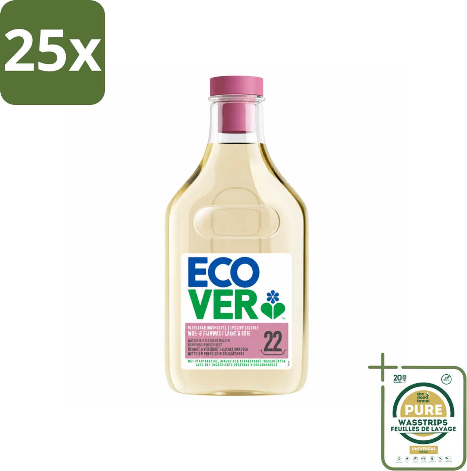 25 x Ecover - Vloeibaar wasmiddel - Wol & Fijnwas - 1 liter - 22 wasbeurten - Wasstrips - Wasmiddel Wol - Fijne Was - Zachte Was - Biologisch Afbreekbaar - Ecover