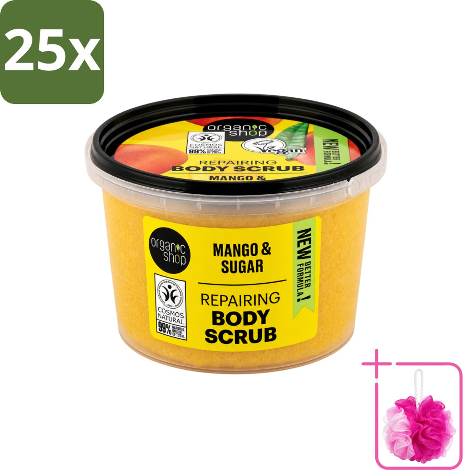 25 x Organic Shop - Organic Mango & Sugar Body Scrub - Peeling en Geur - 250 ml - Bulkverpakking - Organische bodyscrub - Douchemop - Mango scrub