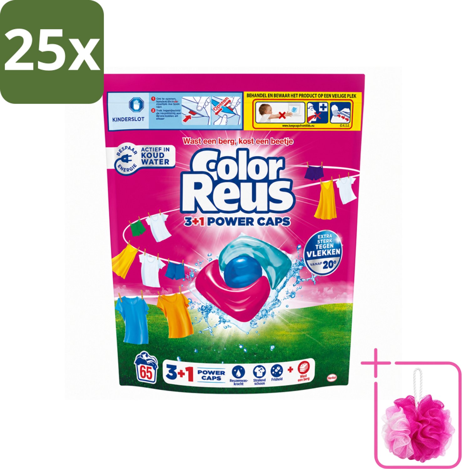 25 x Color Reus - 3+1 Power Caps - Gekleurde Was - 65 Wasbeurten - Bulkverpakking - Kleurbehoud - Douchemop - Wasresultaten