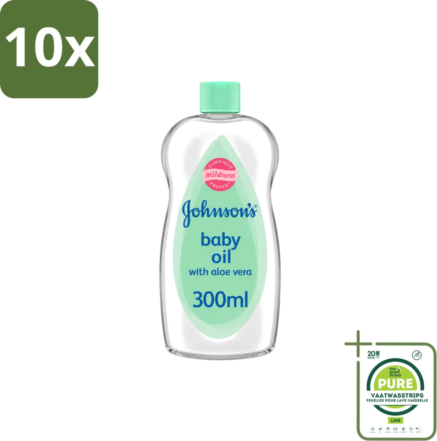 10 x Johnson's - Baby Olie - Aloe Vera - 300 ml - Grootverpakking - Vaatwasstrips - Babyolie - Aloe Vera - Babyhuid Verzorging - Melkkorst Verwijderen - Hydraterende Olie