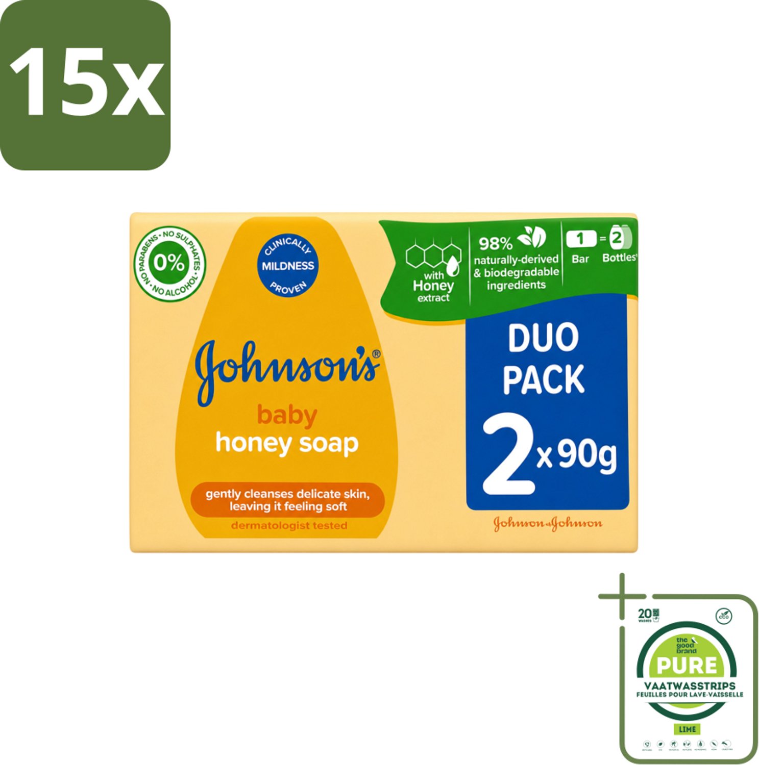 15 x Johnson's - Baby Honey Soap - Zacht - Reinigt Gevoelige Huid - 2 x 90 g - Grootverpakking - Vaatwasstrips - Babyhuid Reinigen - Honing Zeep - Gevoelige Huid - Zachte Zeep - Baby Zeep