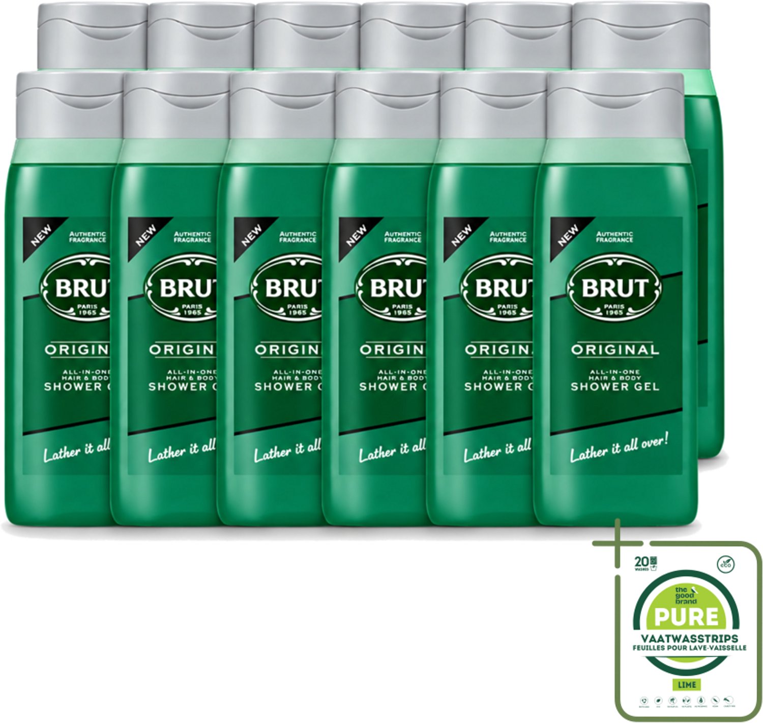 12 x Brut - Douchemiddel - All in One Haar en Body - Original - Verzorgend & Verfrissend - 500ml - Grootverpakking - Vaatwasstrips - Douchegel Haar En Lichaam - Verzorgende Douchegel - Brut Douchegel - All In One Douchegel - Douchegel Voor Mannen