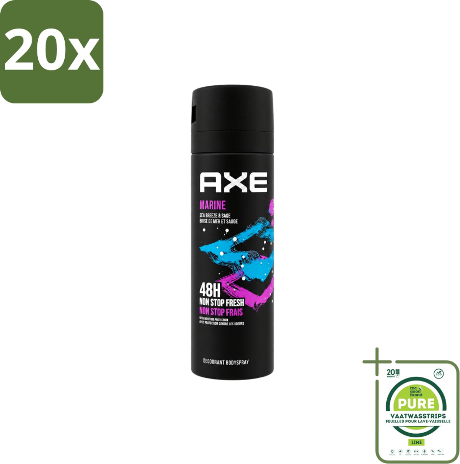 20 x Axe - Deodorant Bodyspray - 100% Fresh Fragrance - Marine - Sea Breeze & Sage - 150 ml - Grootverpakking - Vaatwasstrips - Deodorant - Bodyspray - Geur - Zeebries - Salie