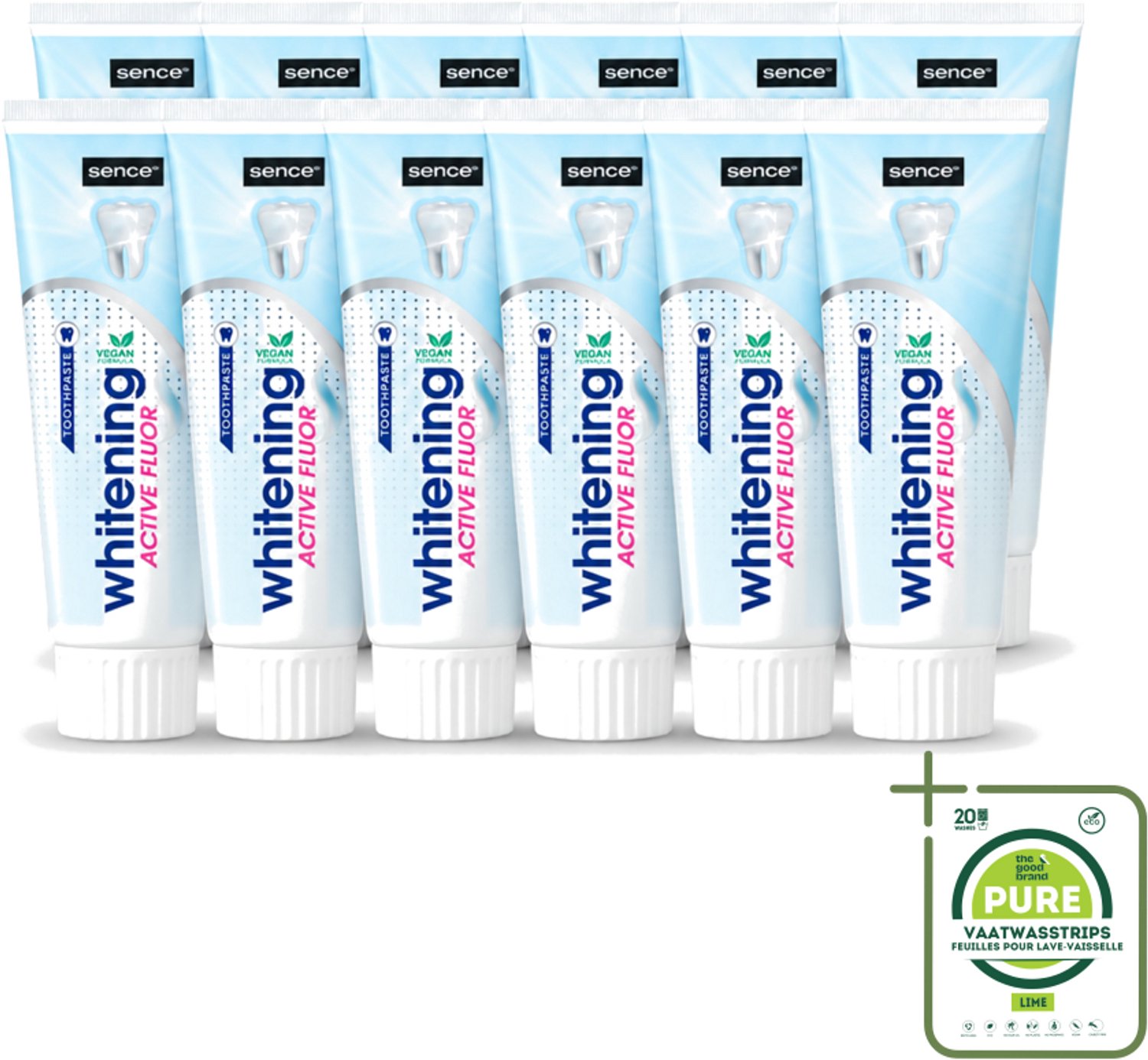 12 x Sence - Whitening - Tandpasta - Met Fluor - 75 ml - Grootverpakking - Vaatwasstrips - Witte Tanden - Tandpasta - Fluoride - Tanden Verzorgen - Mintsmaak