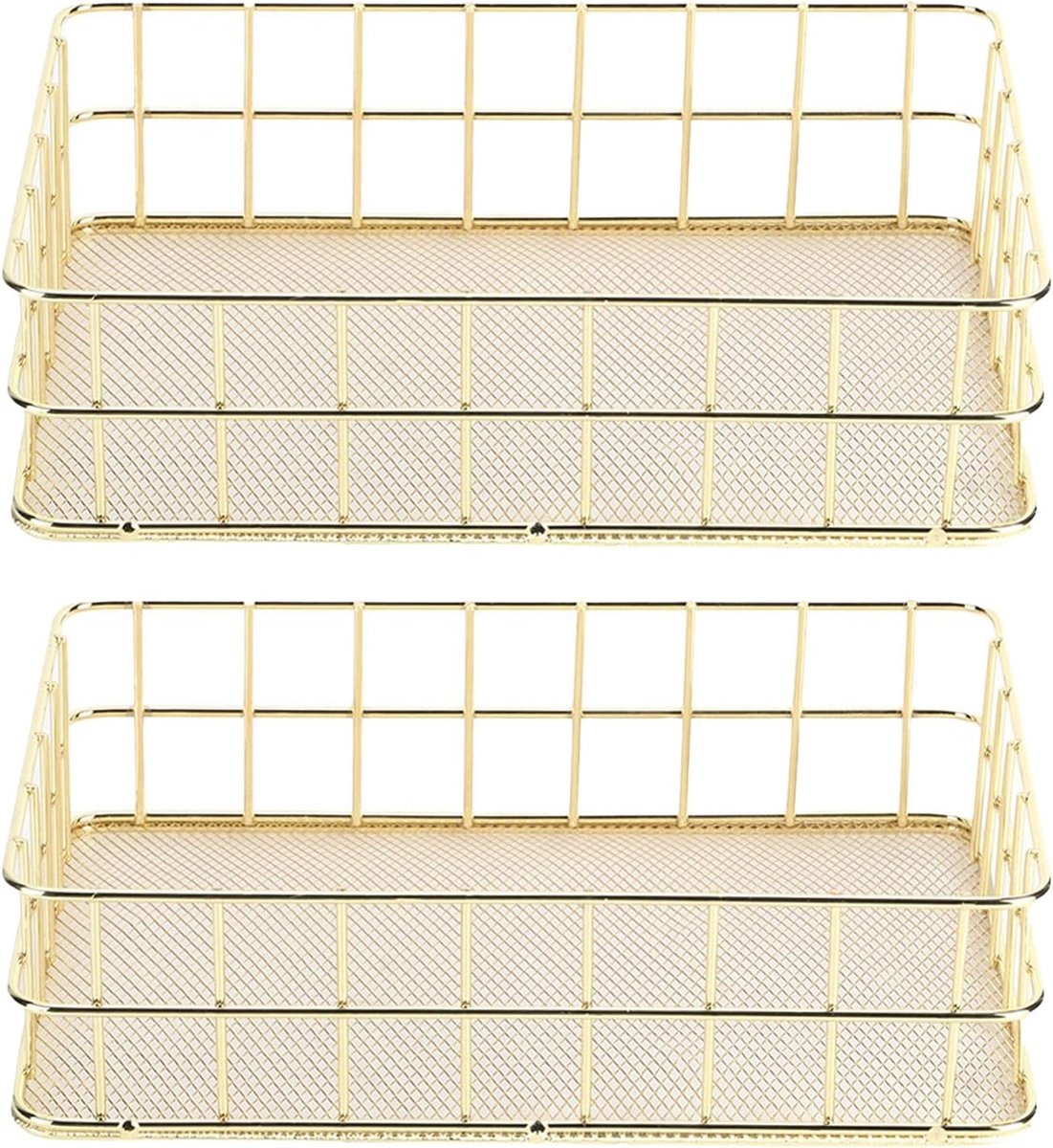 gouden bureaublad metalen opbergmand, ijzeren raster, opbergbak, netto mand, bakken voor thuis, cosmetica, briefpapier (2 stuks, 24,5 x 16,5 x 6,5 cm)