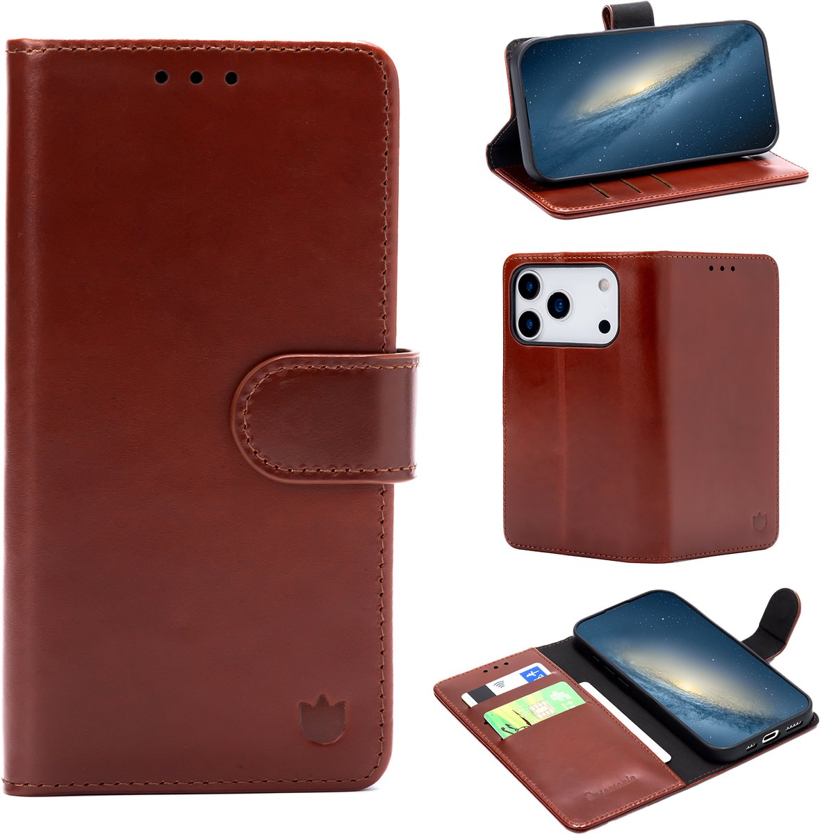 Casemania Echt Leren Hoesje Geschikt voor Apple iPhone 18 Pro Max - Chestnut Brown - Leer Book Cover - Portemonnee Telefoonhoesje met Pasjeshouder