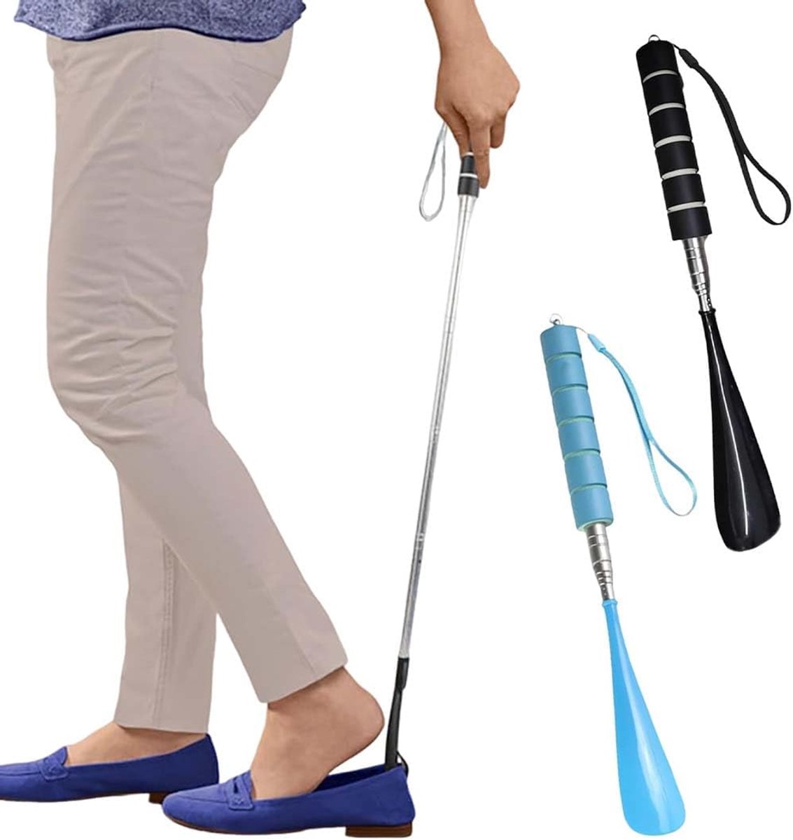 schoenlepel, 2 stuks, uittrekbaar van 30-70 cm, roestvrij staal, verstelbaar, zwart en blauw, voor oudere mannen en vrouwen