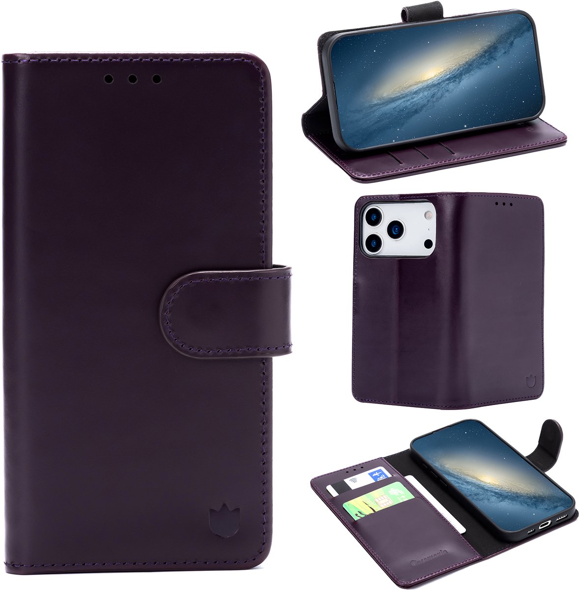 Casemania Echt Leren Hoesje Geschikt voor Apple iPhone 18 Pro - Dark Purple - Leer Book Cover - Portemonnee Telefoonhoesje met Pasjeshouder