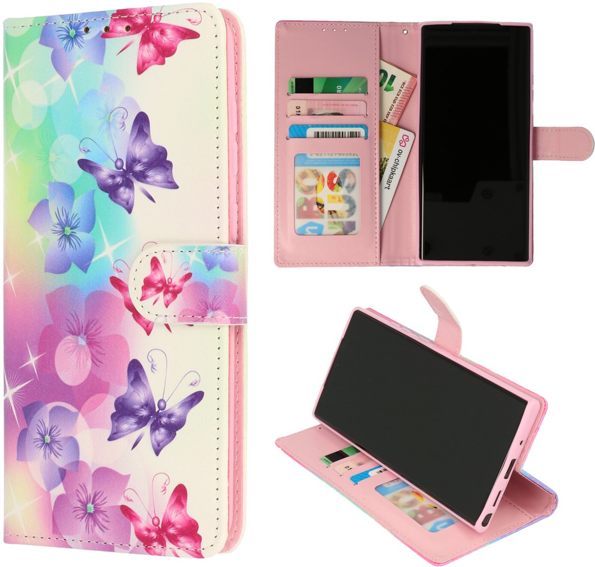 Casemania Hoesje Geschikt voor Apple iPhone 18 Pro - Paarse Bloemen en Vlinders - Portemonnee Print Bookcase met Pasjeshouder en Standaardfunctie - Wallet case met Ingebouwde Kaarthouders