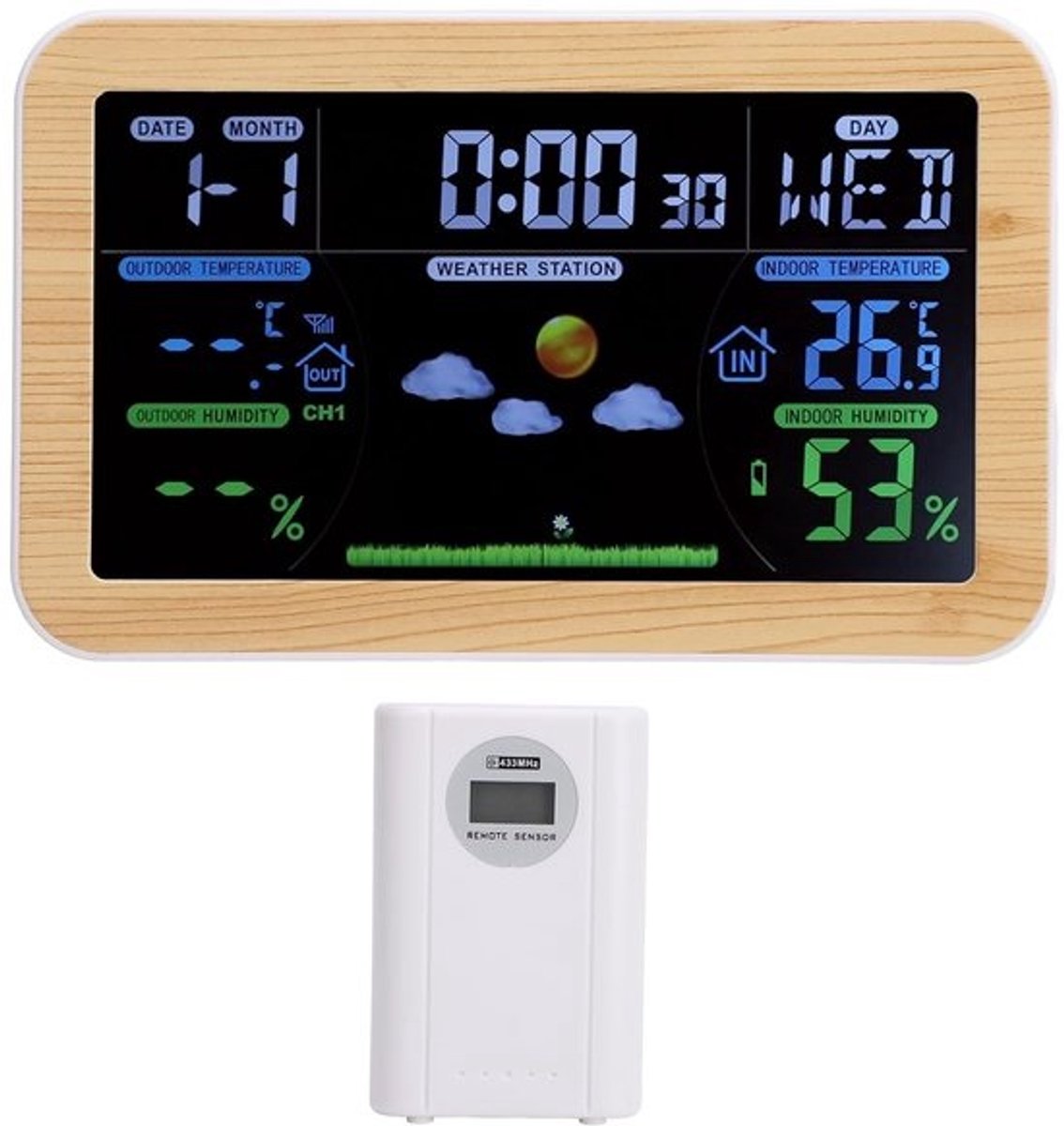 Weerstation Klok - Thermometer Weerindicator - Weersvoorspelling Buiten - Drievoudige Buitenmeting - 80-100 Meter Bereik - Wit