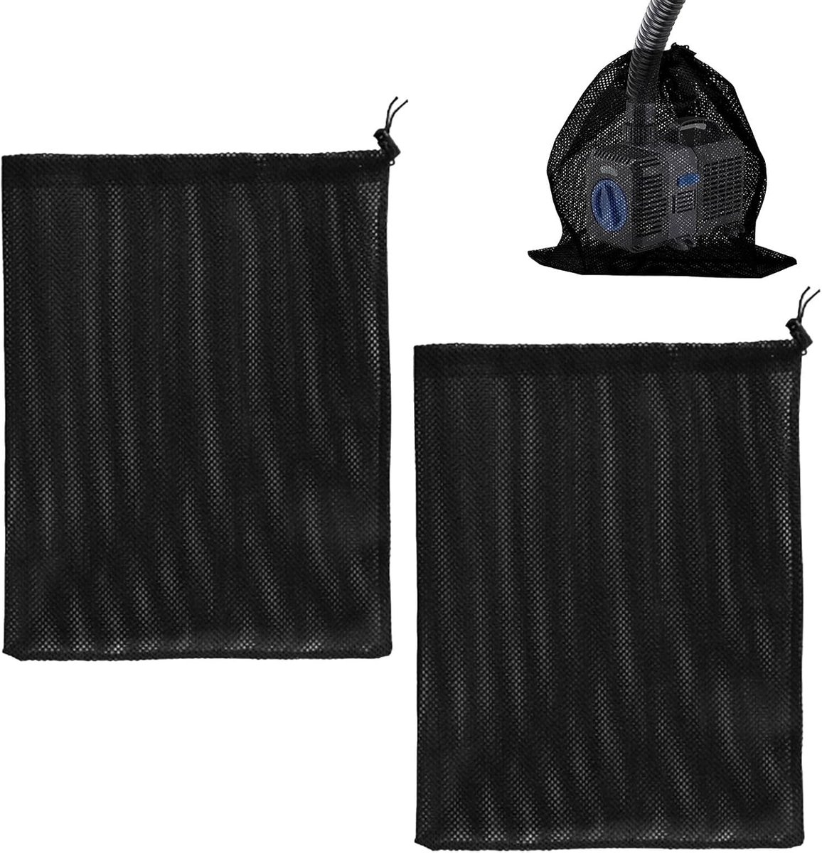 2 stuks filterpomp mesh-zak, pond pomp barrier bag met trekkoord, pond vispond filter mesh bag, waterpomp accessoires vijverfilter (31 x 41 cm, zwart)