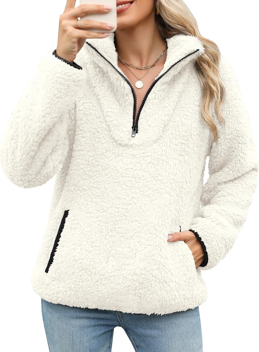 Sweatshirt zonder capuchon met ritssluiting voor dames, fleece, los, effen, lange mouwen, trui met zakken, warm en pluizig sweatshirt, jassen, bovenstukken, herfst en winter