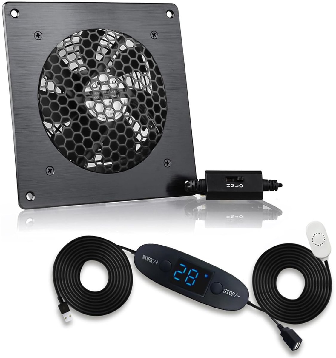 120 mm, digitaal display, temperatuurregeling, stil ventilatorsysteem, 5 V ventilator, met modern frame van geborsteld zwart aluminium voor thuisbioscoop, AV-kast, huisdiermand