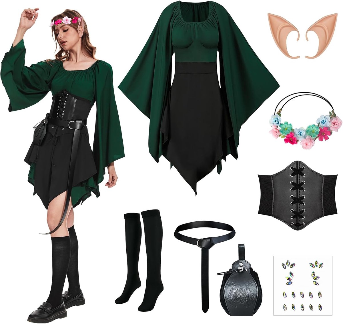 8 stuks middeleeuwse jurk voor dames, traditionele Ierse jurk, renaissance, elfenkostuum met elfenoren, Halloween Victoriaanse cosplay-jurk.