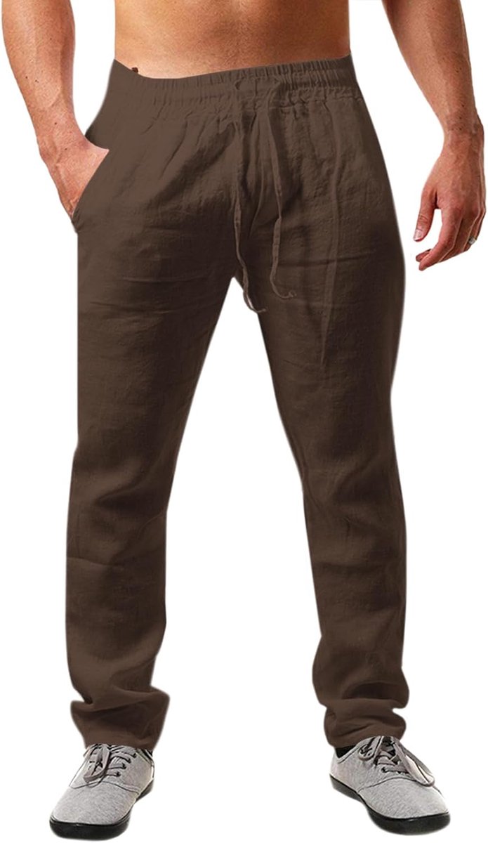 Linnen herenbroek, effen, lang, licht, zomerbroek, losse pasvorm, vrijetijdsbroek met trekkoord, voor vakantie, strand, dagelijks gebruik