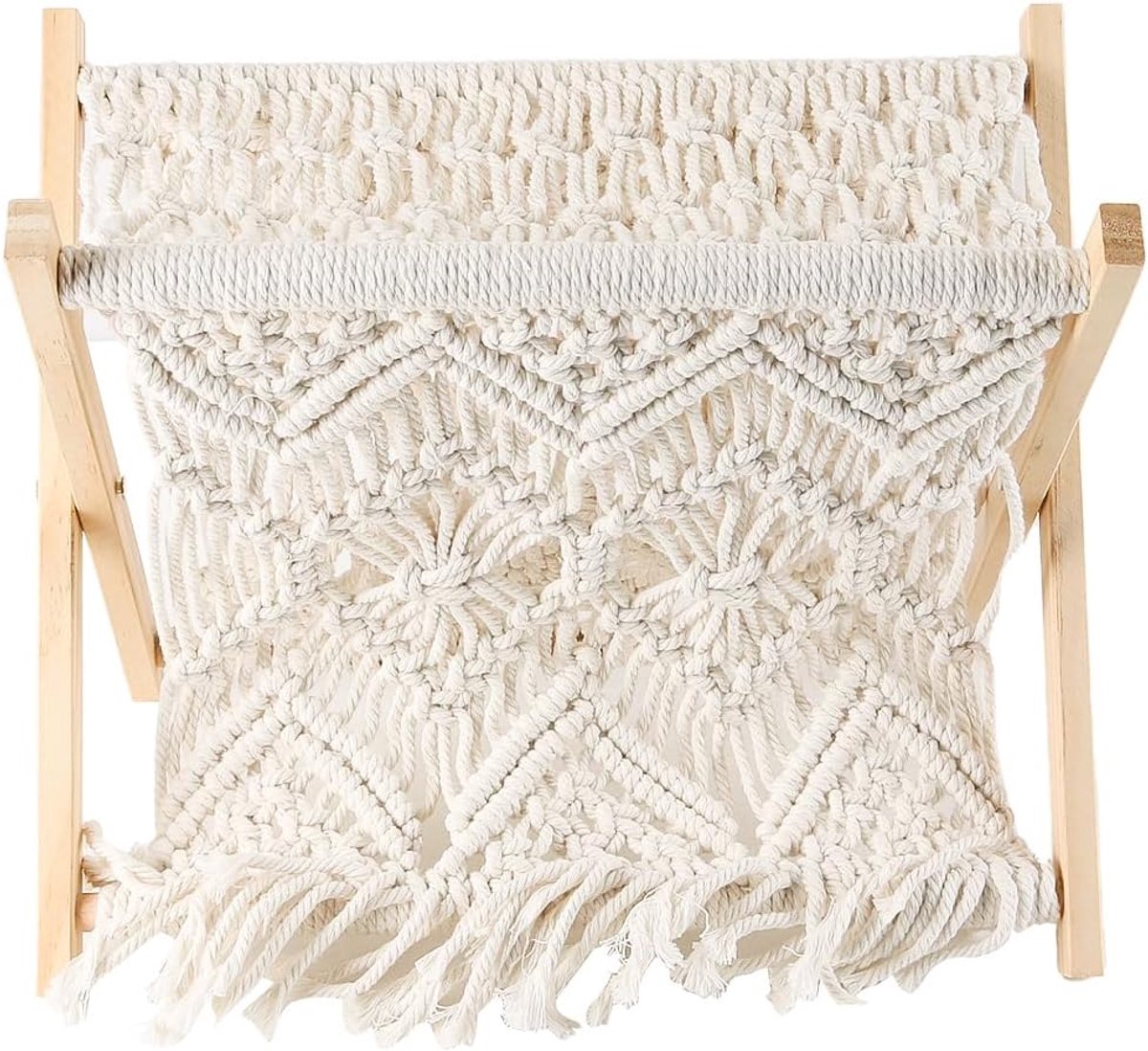 Katoenen touw gevlochten tijdschriftenrek, Boheems handgeweven opvouwbaar rek met massief houten frame, wit opbergrek voor boeken, planten en woondecoratie