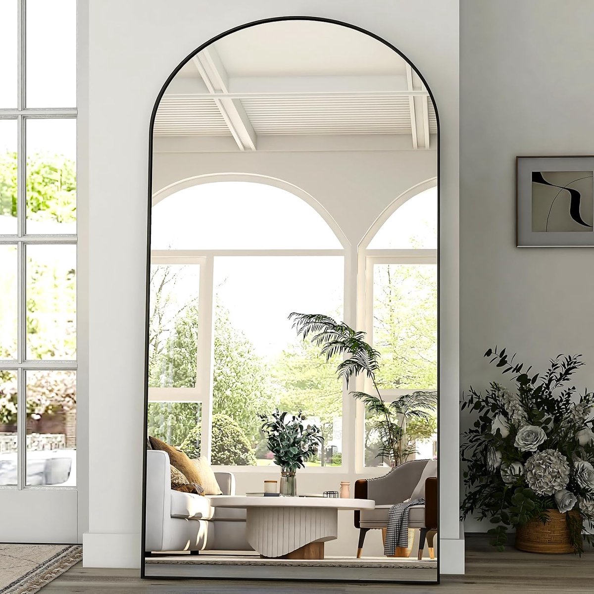 Grote boogspiegel in volledige lengte, 218 x 102 cm, staande spiegel, gebogen om op te hangen of tegen de muur te zetten, grote vloerspiegel met standaard voor slaapkamer, woonkamer of
