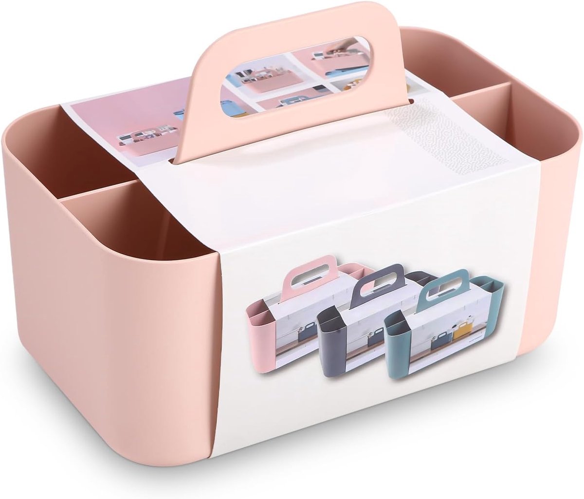 Mand-organizer, draagbare, stapelbare kunststof mand met handvat, reinigingsmand, knutselmand, bureaumand, badkamerorganizer, opslag voor kunst en make-up (roze)