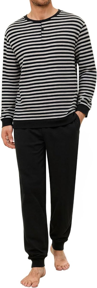 Winterpyjama voor heren, lang, licht, gestreept, 2 stuks, lange mouwen, nachtkleding, ronde hals, met knopen, comfortabel, S-XXL