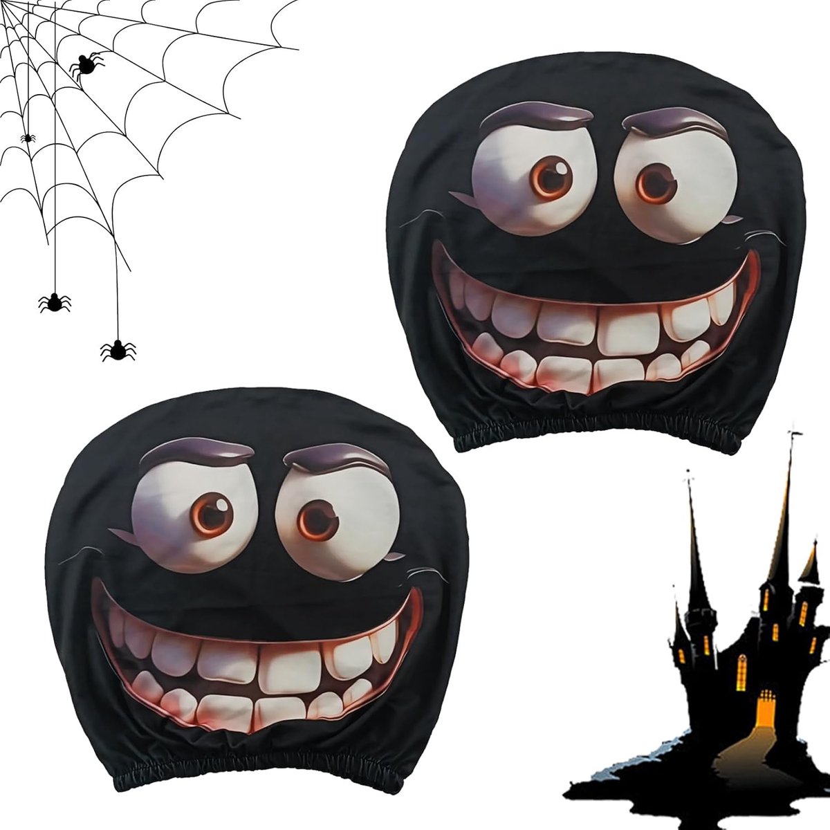 2 stuks autohoofdsteunhoezen, Halloween-hoofdsteunhoezen, grappige hoofdsteunhoezen, Halloween ademende hoofdsteunhoes, universele pasvorm, voor auto-interieurdecoratie