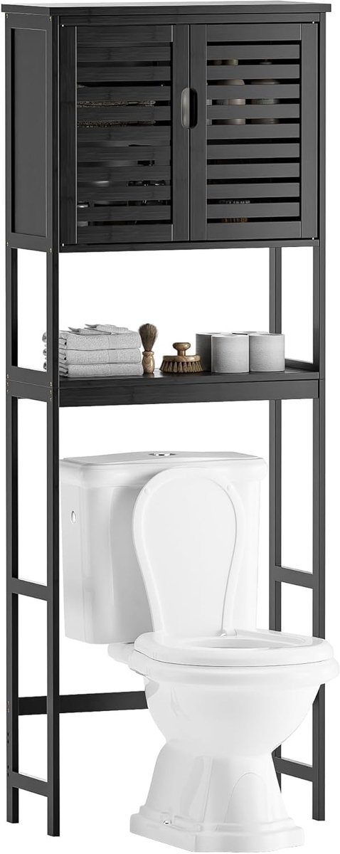 Badkamer boven het toilet opbergkast, 2-deurs bamboe kast organizer, vrijstaand ruimtebesparend toiletrek met verstelbare binnenplank en open plank (zwart)