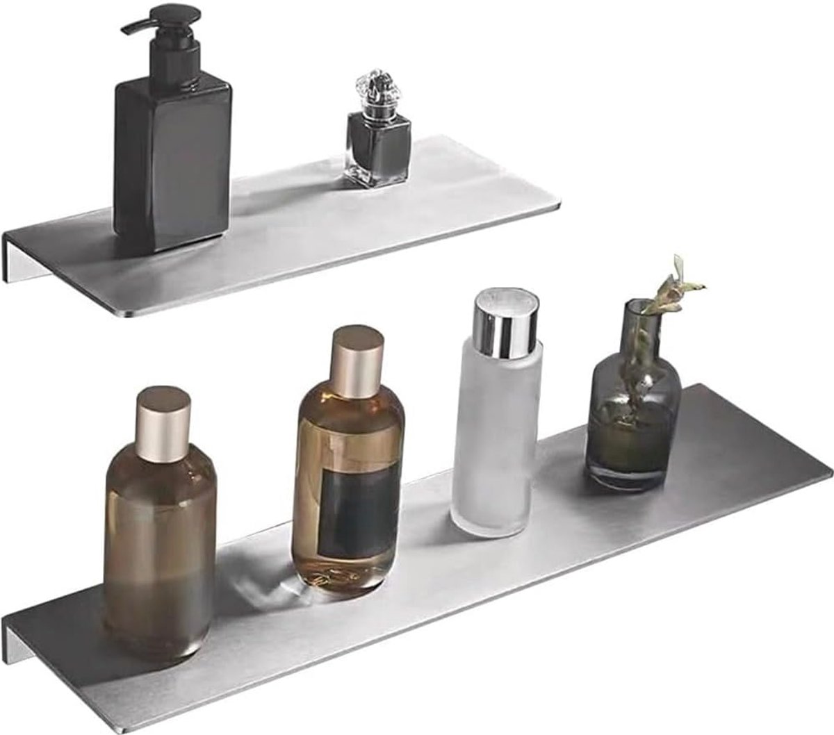 Doucheplank, 2 stuks, wandmontage SUS304 roestvrijstalen douchecaddy opbergmanden, zonder boren, roestvrije badkameraccessoires, 30 cm en 40 cm (geborsteld)