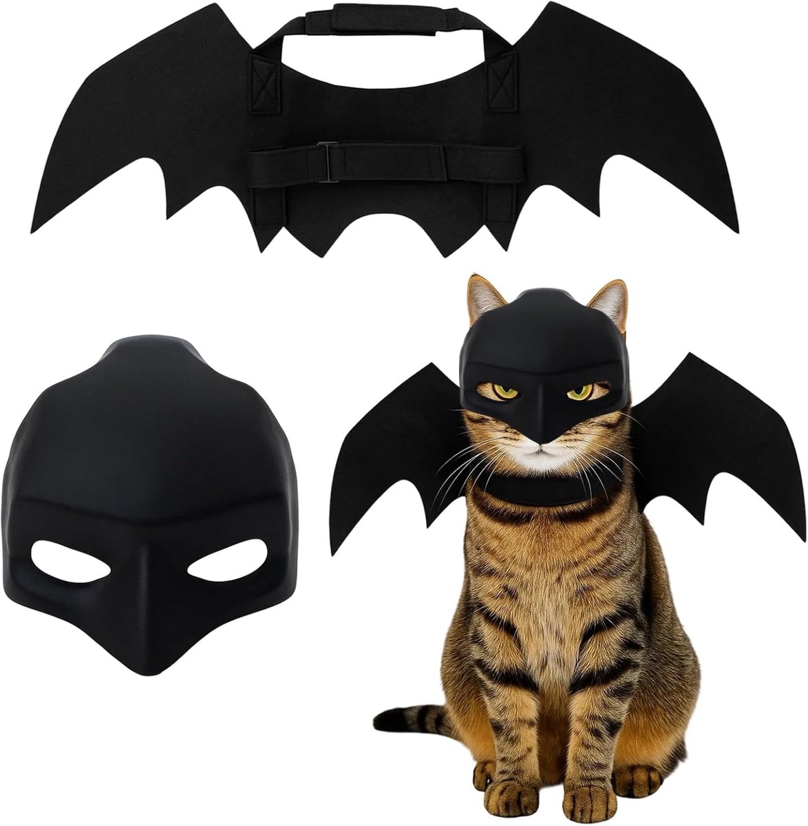 Vleermuiskostuum voor katten en honden, met masker, Halloween, huisdierkostuumset, vleermuisvleugels en 3D-kattenmasker, zwart, verkleedkleding voor cosplay en feest