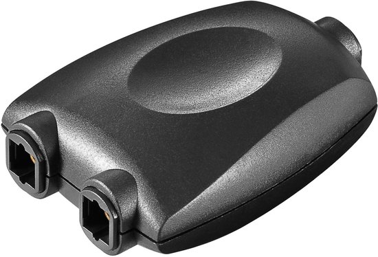 Zwarte optische audiosplitter, 1 ingang naar 2 uitgangen, met een ovaal verhoogd middenstuk.