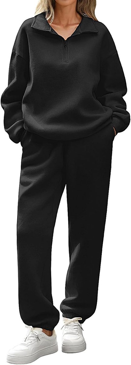 Fleece sweatshirt voor dames, warm, jas, loungeset, 2-delig, 1/4 ritssluiting, sweatshirt met lange mouwen, trainingsbroek, sportkleding