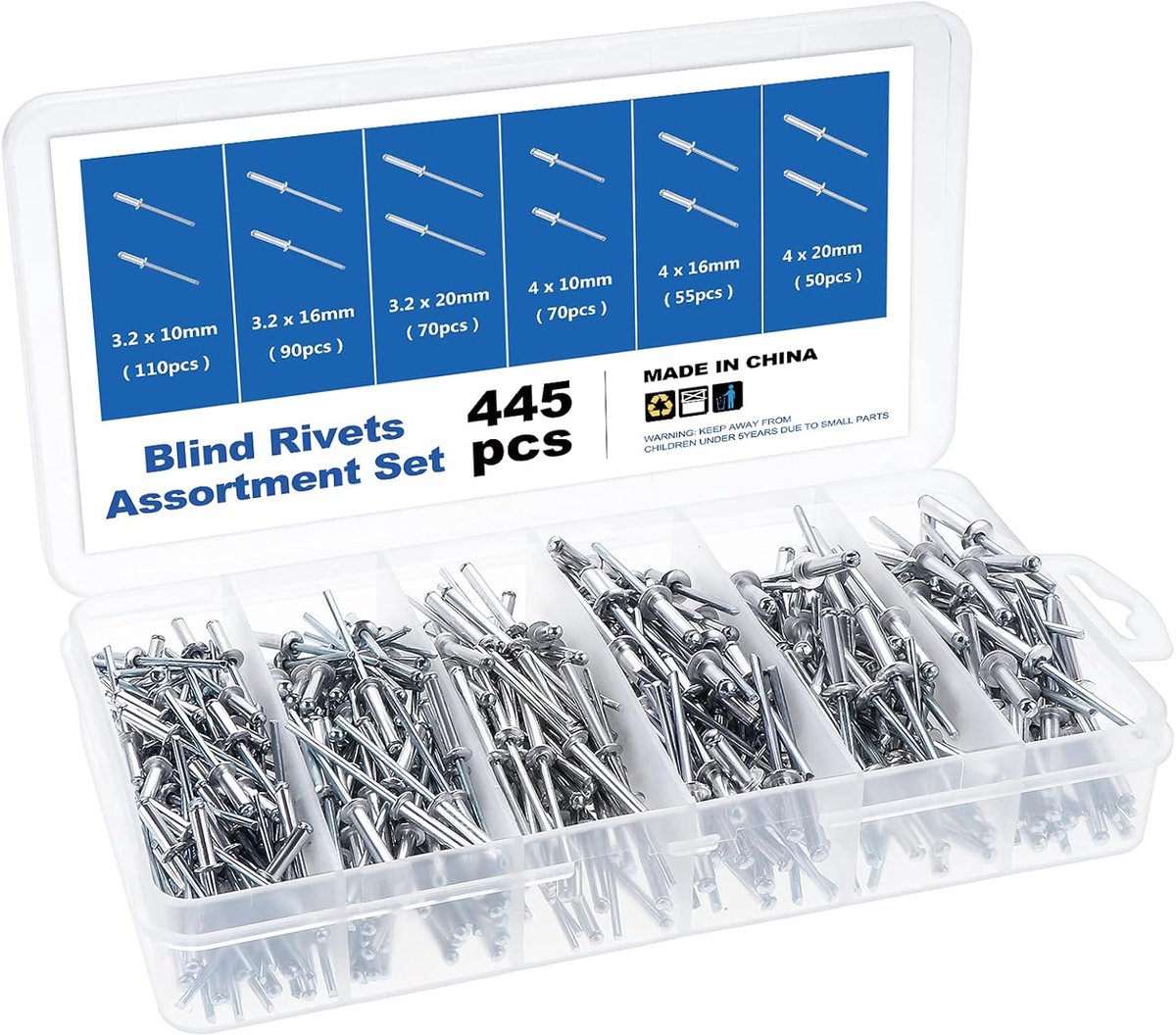 445 stuks klinknagels, aluminium, 3,2/4 mm, 6 maten blindklinknagels, set popklinknagels, assortiment met opbergdoos voor metaal, hout en kunststof