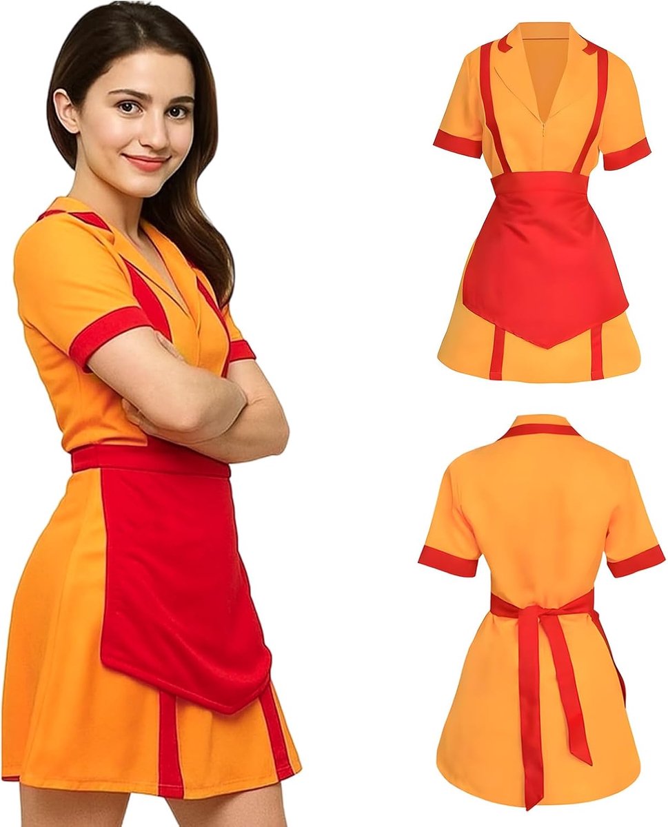 2 Broke Meisjesjurk, rood-oranje meid, outfit, klassiek ober rollenspel, twee broke meisjes kostuum met schort, goed voor Halloween, carnaval, feest, rollenspel
