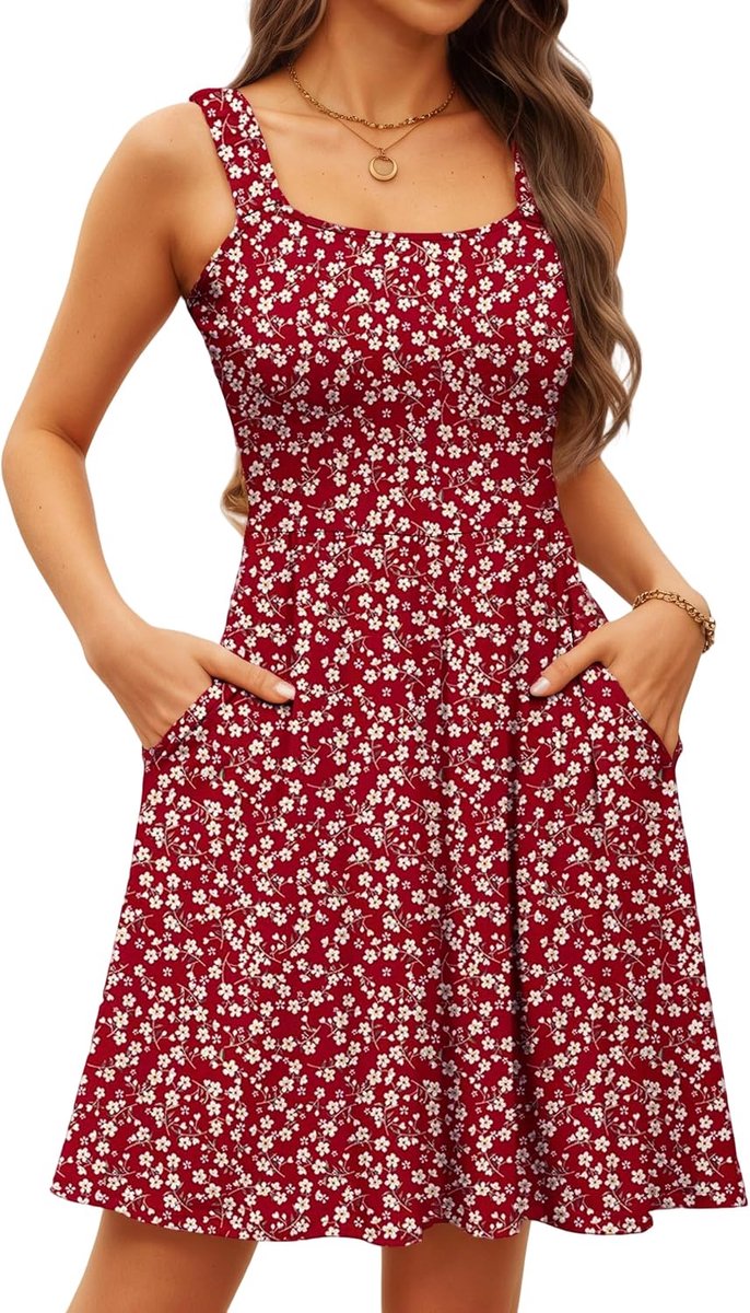 Zomerjurk voor dames, knielang, mouwloos, bloemen, hoge taille, A-lijn met hoekige hals, casual strandjurk, bloemenjurk, midi-jurk