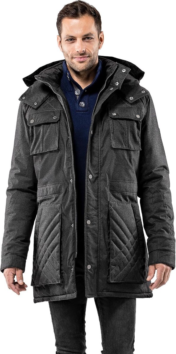 Boretti Winterjas voor heren, dik warm gevoerd, parka, behaaglijk, sportief, elegant, slimfit, getailleerd, lang, voor outdoor, zakelijk, met opstaande kraag en capuchon
