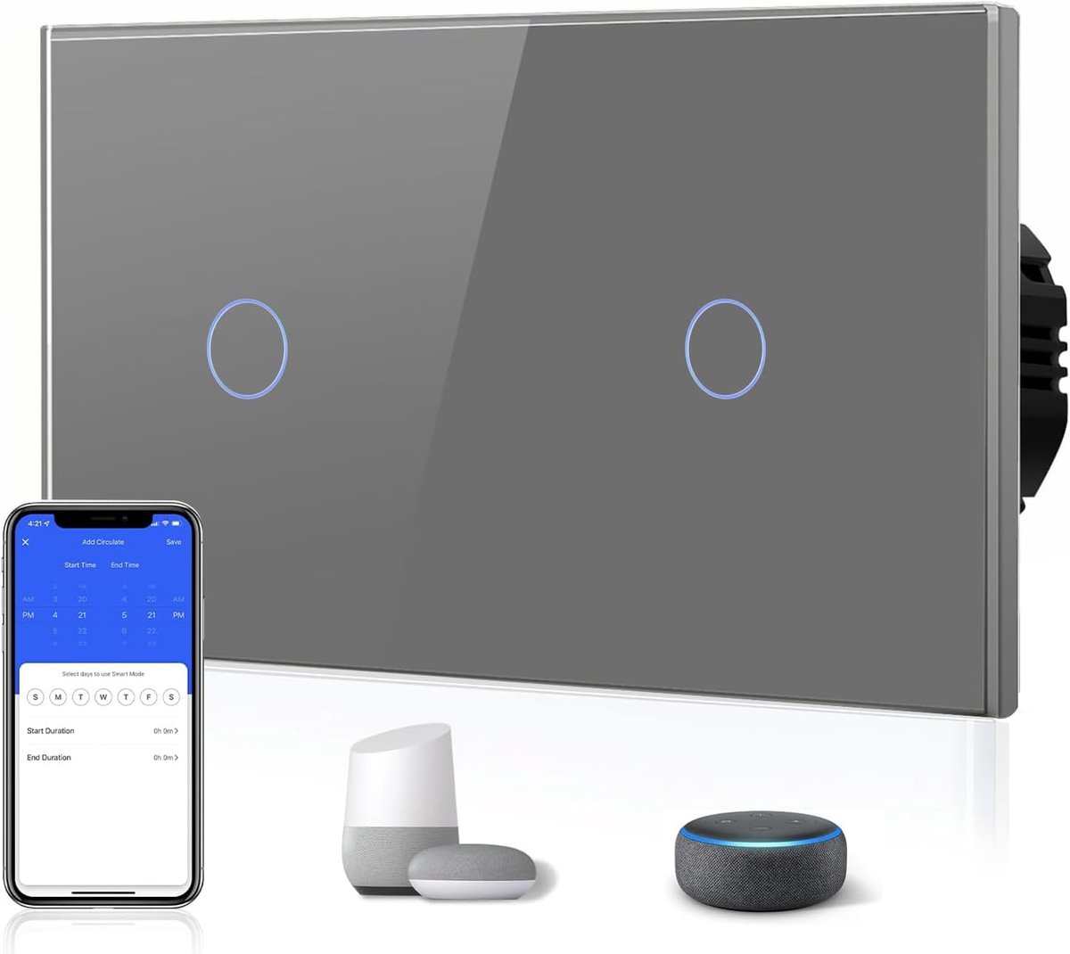 Slimme lichtschakelaar, dubbele wifi-aanraaklichtschakelaar, 1-voudig, 1-weg (nuldraad vereist), compatibel met Alexa/Tuya/Google Home, 157 x 86, grijs