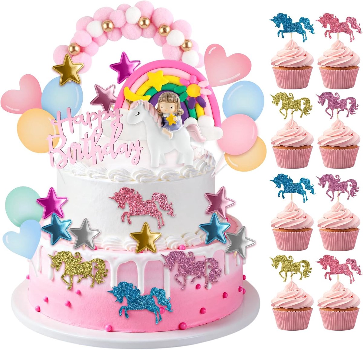 eenhoorn taartdecoratie verjaardag met topper eenhoorn, regenboog, Happy Birthday topper, ballon, ster, hart - taartdecoratie eenhoorn meisje macaron verjaardagstaart decoratie voor