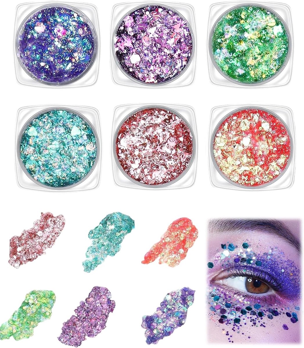 Glitter make-up set van 6 delen, veilig en niet-toxisch, zelfklevend, ideaal voor festivals, Halloween en carnaval make-up accessoires.
