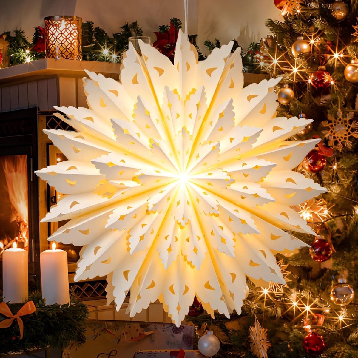 Verlichte Ster voor Kerstdecoratie, 45 cm Vouwbare 3D Ster met LED Lichten, Ideaal voor Ramen en Feestelijke Versiering in Warm Wit